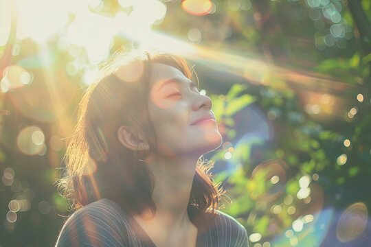Close up a person happy sitting on a bench in garden joyful with light aura sunset Generative AI