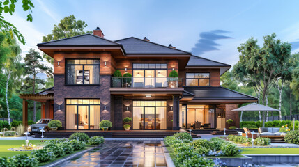 Obraz premium A luxurious, two-story home with large windows and lush landscaping illuminated by soft evening light, exuding elegance and grandeur.