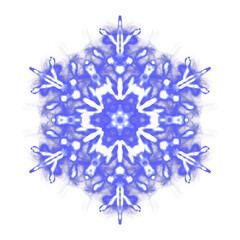 Blue glowing transparent snowflake, isolated icon. Merry Christmas and Happy New Year. Simple neon light. Shining winter, xmas lamp. Fluorescent, luminescent illumination. Png