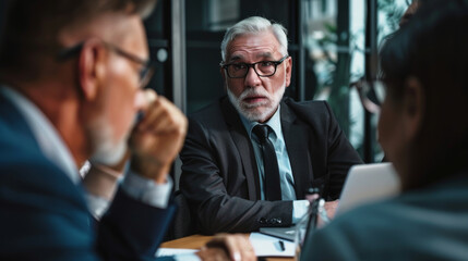 Obraz premium An elderly man in a suit engages in a serious discussion during a business meeting, highlighting his focus and leadership in a corporate environment.