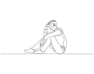 Continuous one line drawing of depressed man. Single line drawing illustration of depressed man sitting. Depression, stressed, and despair concept line art. Editable outline.