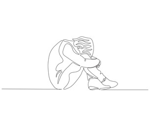 Continuous one line drawing of depressed man. Single line drawing illustration of depressed man sitting. Depression, stressed, and despair concept line art. Editable outline.