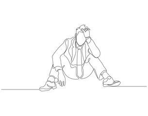 Continuous one line drawing of depressed man. Single line drawing illustration of depressed man sitting. Depression, stressed, and despair concept line art. Editable outline.