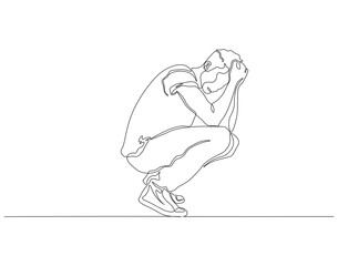 Continuous one line drawing of depressed man. Single line drawing illustration of depressed man sitting. Depression, stressed, and despair concept line art. Editable outline.