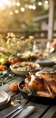 Naklejka premium Festive outdoor Thanksgiving dinner table with roasted turkey, side dishes, and seasonal decorations in sunlight.