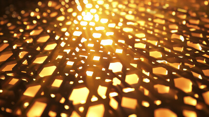 Sunlight filters through a mesh of geometrically arranged golden shapes, creating a radiant, glowing lattice pattern.
