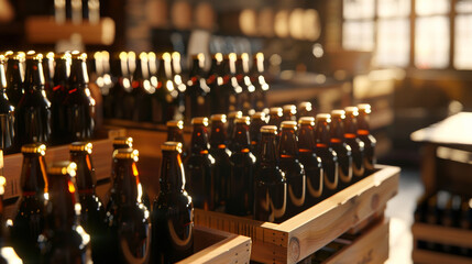 Obraz premium Shelves brimming with dark beer bottles in a dimly lit brewery, under the warm light filtering through windows.