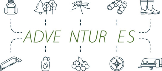 Adventures outline icons set. Creative icons: backpack bag, forest, mosquito, binoculars, boots, bow saw, camp water canteen, campfire, compass, caravan.