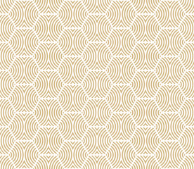 Fototapeta premium Golden vector abstract geometric pattern with hexagon shapes, curved lines, stripes, waves, stripes. Gold and white texture. Stylish modern luxury background. Simple repeated decorative geo design