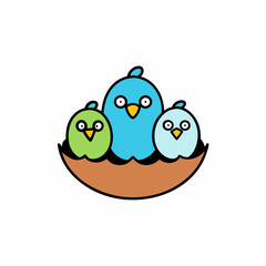 Adorable doodle bird family in a nest , white background