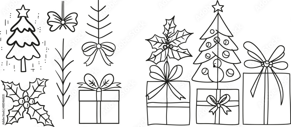 Poster this is a one-line drawing of a christmas tree and mistletoe. a modern continuous line design with a