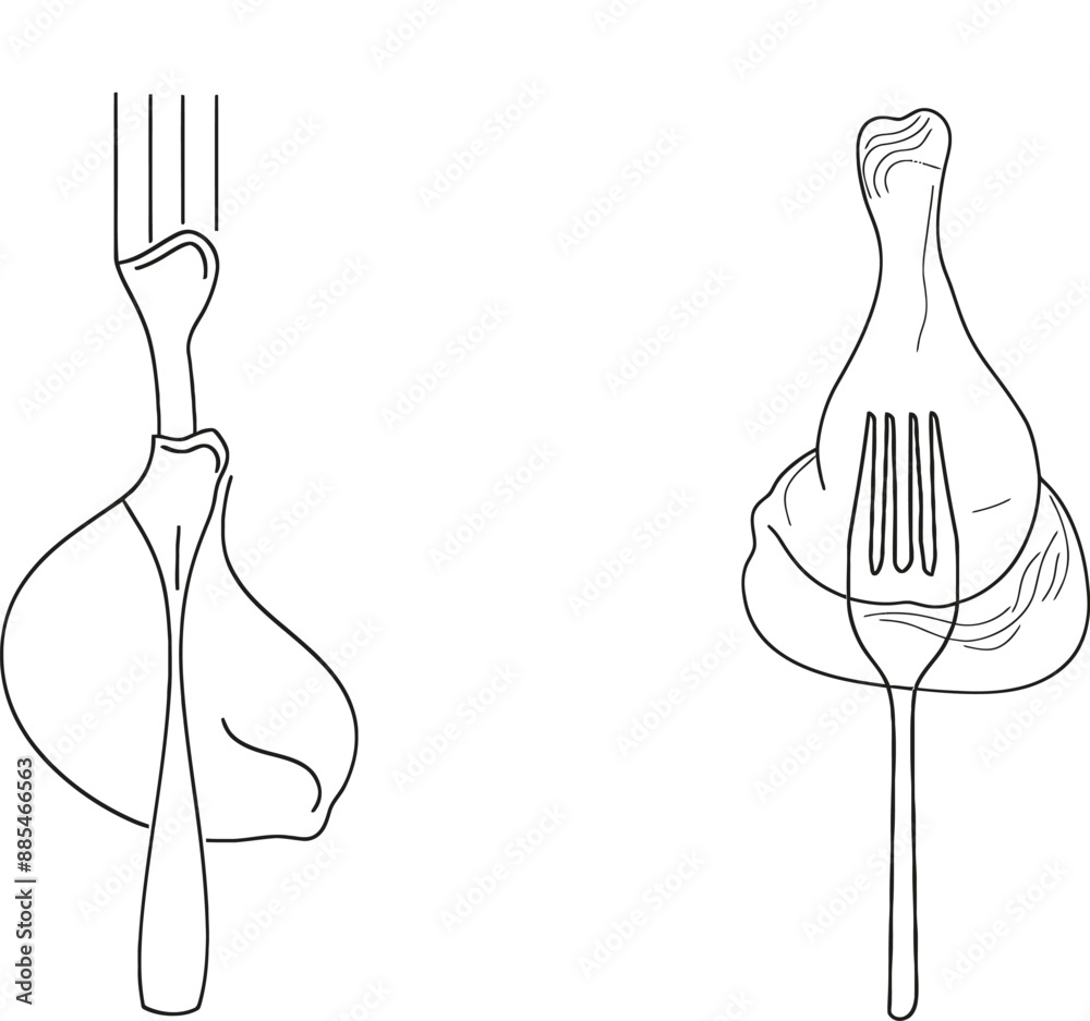 Poster Animated chicken leg with bone on fork in black color with one continuous line. Self-drawn.