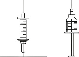 An illustration of a syringe with needle drawn in continuous one-line strokes. Medical equipment or tools illustration.