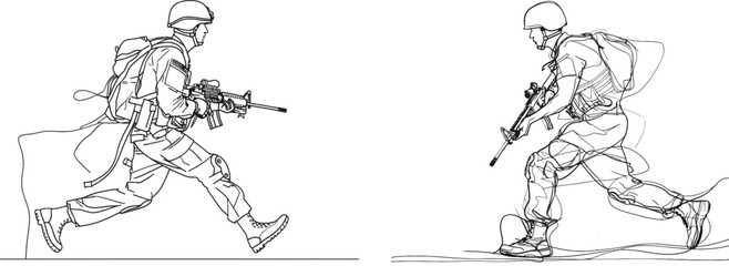 Fototapeta premium One line drawing of a soldier in an army uniform and holding a rifle. Continuous single line drawing of a military concept in a continuous manner with a single hand.