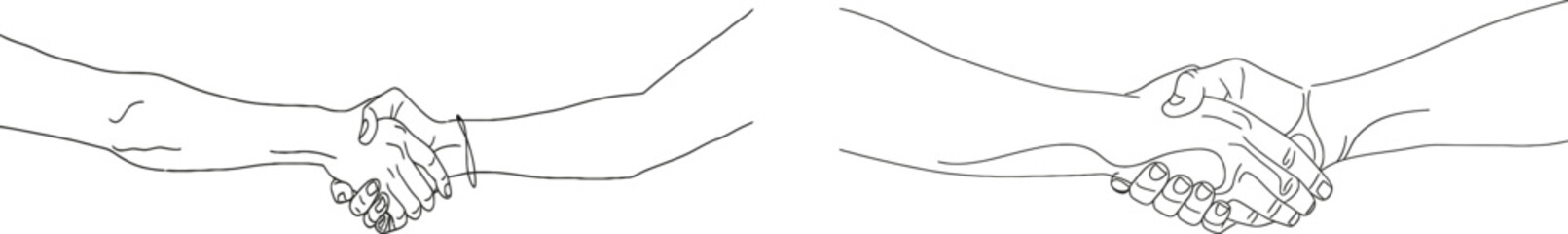 Two people shaking hands in one line. Concept of a handshake.