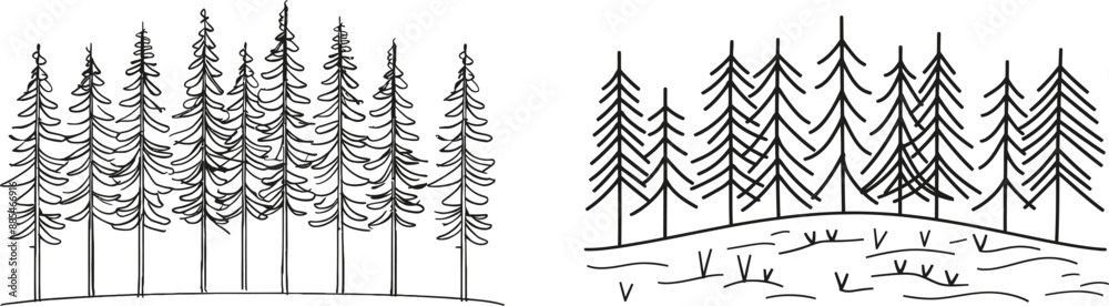 Poster The pine tree continuous line drawing art, tree line drawings of nature, drawing a forest with trees, minimal line works. Tree line drawing art. The pine tree continuous line drawing art.