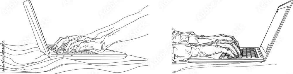 Poster a continuous line drawing of hands type on a laptop for business office work or social media concept