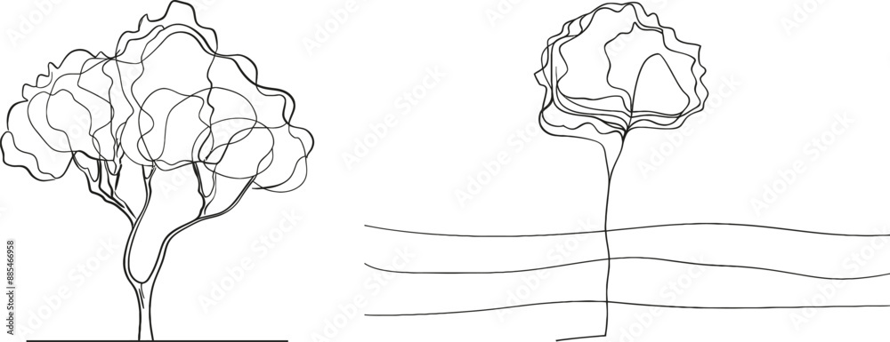Poster one continuous line drawing of a tree park. outdoors garden landscape design one sketch outline draw