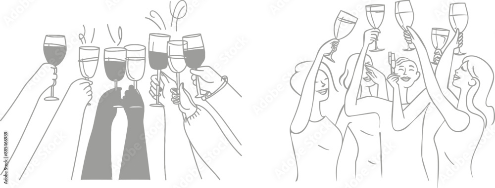 Poster A continuous one line drawing of a group of friends enjoying a party. Two men and a woman in part of a celebration for the holidays.