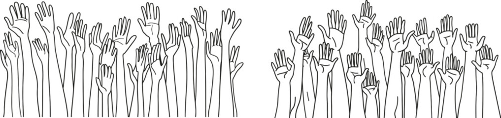 Fototapeta premium Group continuous one line modern drawing silhouette hand drawn characters. Hands up modern illustration one line art. Hands up illustration.