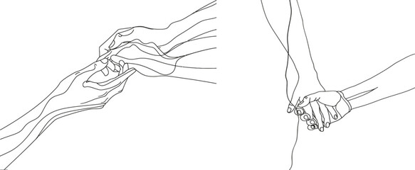 Three hands are holding each other. The power of harmony, union and friendship is expressed through the work of young people. Teamwork concept, unity at work. Modern illustration.