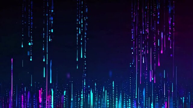Neon raindrops falling against a holographic gradient background, creating a serene and futuristic atmosphere, 4K wallpaper animation video