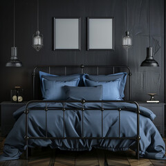  modern iron bed with blue pillows and bedside cabinets against black wall with posters frames 