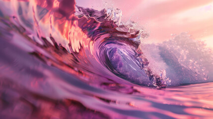 A mesmerizing close-up of a wave with hues of pink and purple, caught in mid-tumble, illuminated by soft, pastel-hued sunlight, evoking a surreal and tranquil ocean scene.