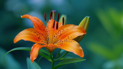 Obraz premium Vibrant Orange Tiger Lily Flower in Full Bloom with Green Foliage Background