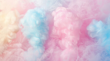 Fototapeta premium Wisps of pastel-colored cotton candy clouds create an ethereal and whimsical atmosphere, blending light pink, blue, and yellow hues seamlessly.
