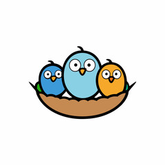 Adorable doodle bird family in a nest , white background