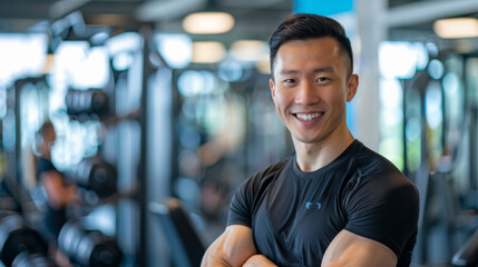 Confident young man in a gym, smiling and standing with arms crossed against a backdrop of fitness equipment.