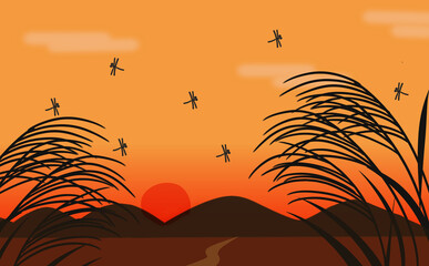 夕日が沈む秋の風景（とんぼ） © YS