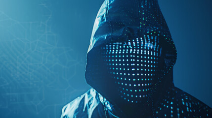 A hooded figure in a dark environment adorned with a digital pattern on their face, evoking themes of anonymity, cybersecurity, and futuristic technology.