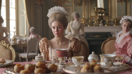 A finely-dressed woman in historical attire enjoys tea in an opulent room, surrounded by pastries and fine china, evoking a bygone era of elegance.
