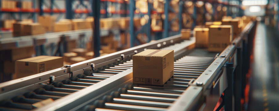 A conveyor belt in a warehouse, with packages of various sizes being sorted and shipped out for delivery, illustrating the logistics process.