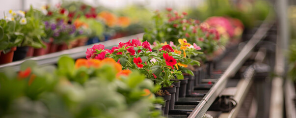 A conveyor belt in a horticultural nursery, with potted plants and flowers being moved for sorting and shipping.