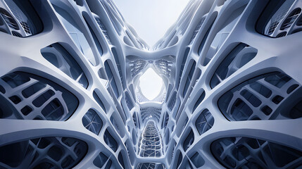 A symmetrical view of a modern architecture building, featuring clean lines, concrete and glass, creating a futuristic appearance.