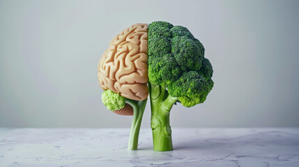 A split image of a brain and broccoli, symbolizing the connection between healthy eating and brain health.
