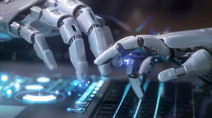 Two robotic arms interact over a glowing keyboard, representing advanced robotics and artificial intelligence.