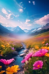 Fototapeta premium Beautiful Nature Mountain Scenery With Flowers 