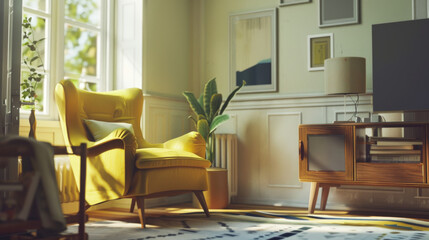 Fototapeta premium A cozy, sunlit living room with a yellow armchair, potted plants, and retro wooden furniture, creating an inviting, serene atmosphere.