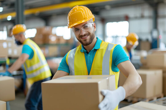 Sustainable packaging and delivery process in a logistic center or warehouse, worker preparing sustainable cardboard boxes for delivery, giving importance to eco-friendly