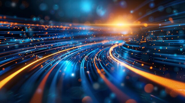 Dynamic streams of blue and orange light converge in a futuristic digital landscape, symbolizing high-speed data transfer and technological advancement.