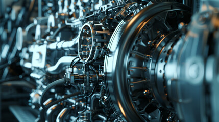 Close-up of intricate metallic machinery parts in cool blue lighting, showcasing the complexity and precision of modern engineering.
