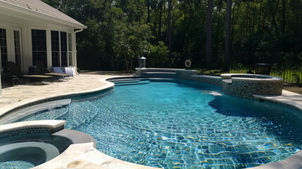 Clear blue swimming pool in a backyard, surrounded by lush trees and modern patio furniture, bathed in bright sunlight.