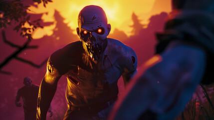 A terrifying figure with glowing eyes advances menacingly, framed by a burning sky.