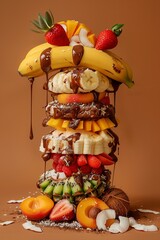  artistic stack of various fruits including banana, strawberry, apricot, mango, pineapple, and coconut, drizzled with chocolate sauce, against a brown background