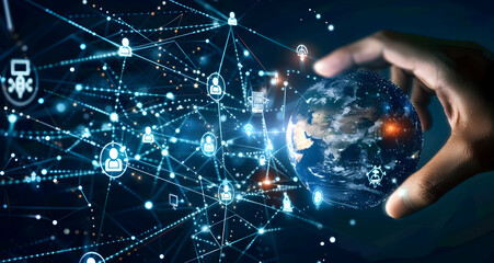 Fototapeta premium Hand holding the earth with a digital network surrounding it, symbolizing global connectivity and futuristic technology.