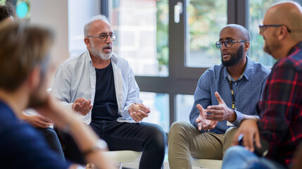 A group of colleagues in a heated discussion during a team meeting, passionately exchanging ideas in a modern office setting.